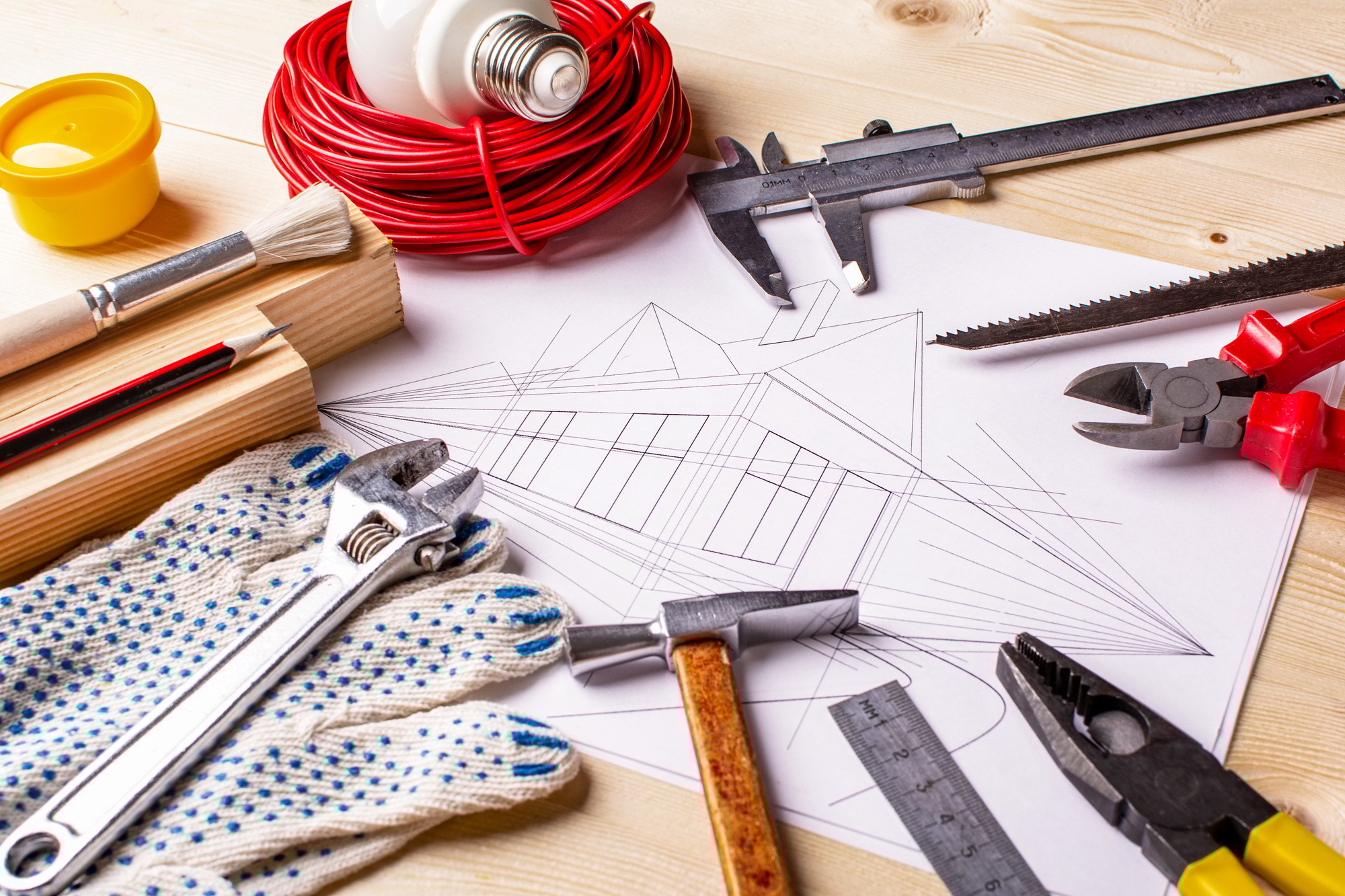house drawing and working tools. concept of home improvement.
