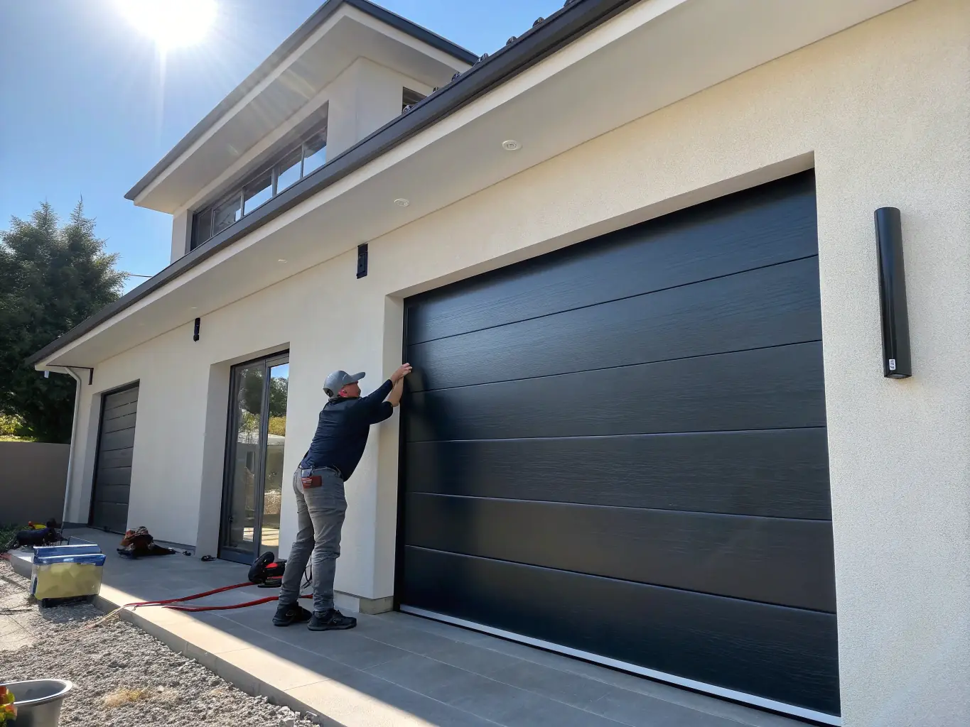 A modern garage door installation in Abilene, Texas, featuring a sleek design and robust construction, symbolizing the durable garage door installations and gate operators provided by PMA Enterprises.